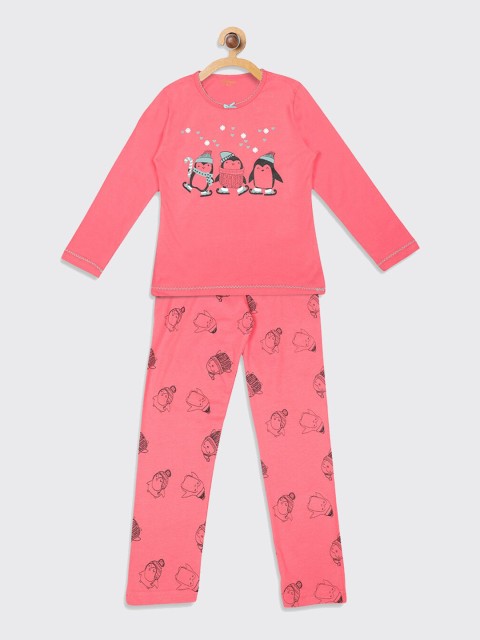 

Kanvin Girls Pink & Black Printed Pure Cotton Night suit