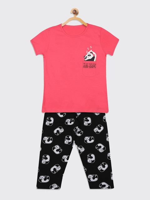 

Kanvin Girls Pink & Black Printed Pure Cotton Night suit