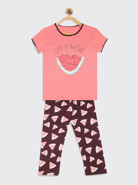 

Kanvin Girls Peach-Coloured & Brown Printed Pure Cotton Night Suit
