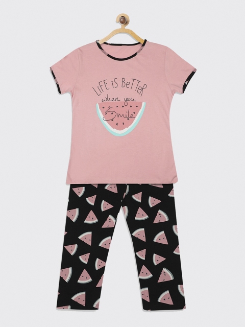 

Kanvin Girls Pink & Black Printed Pure Cotton Night suit