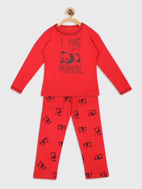 

Kanvin Girls Red & Black Printed Pure Cotton Night suit