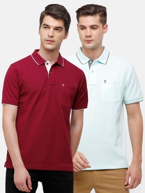 

Classic Polo Men Pack Of 2 Turquoise Blue & Maroon Polo Collar T-shirts