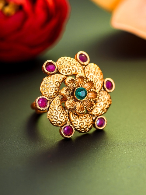 

aadita Gold-Plated Green & Pink Stone-Studded Temple Finger Ring