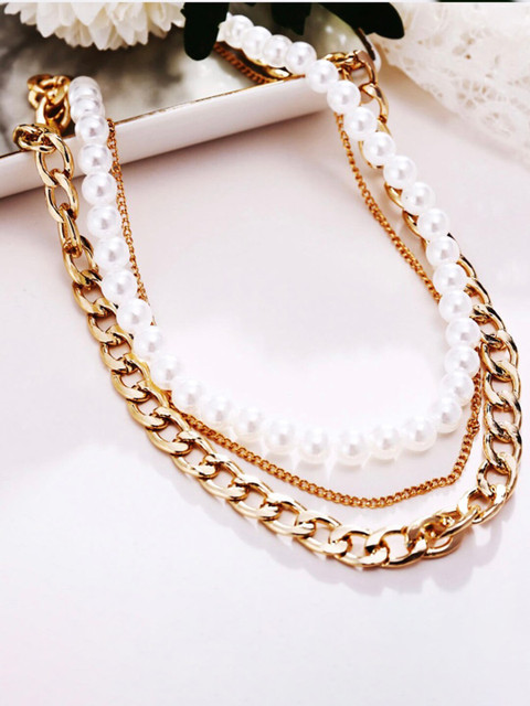 

Vembley Gold-Plated White Triple Layered Pearl & Chunky Necklace