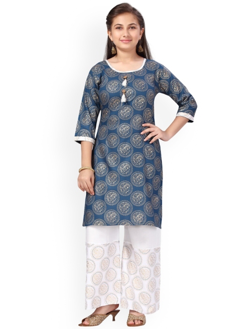 

Aarika Girls Blue Ethnic Motifs Printed Pure Cotton Kurta with Palazzos