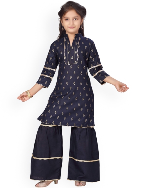 

Aarika Girls Navy Blue Printed Regular Printed Pure Silk Kurta with Sharara
