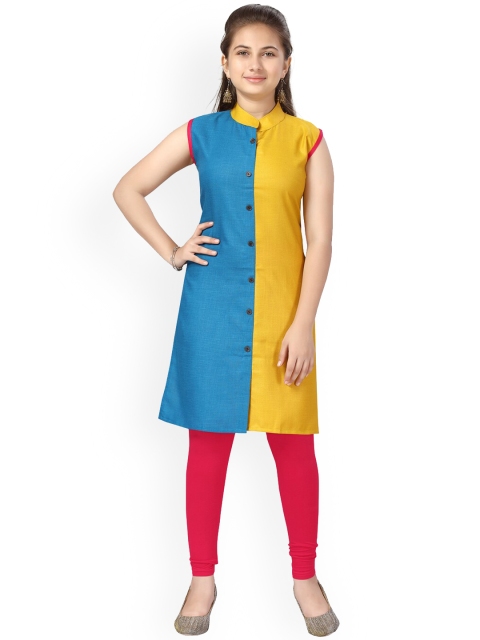 

Aarika Girls Blue & Yellow Colourblocked Cotton Kurta
