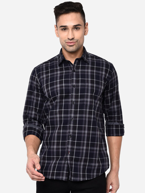 

JADE BLUE Men Blue Slim Fit Tartan Checks Pure Cotton Casual Shirt