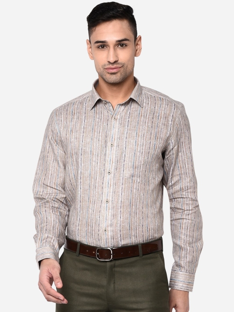 

JB STUDIO Men Beige Slim Fit Striped Pure Cotton Formal Shirt