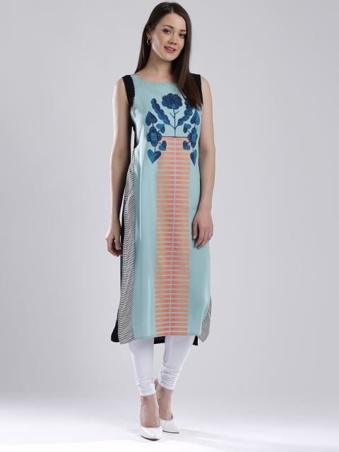

W Women Blue Printed Straight Kurta