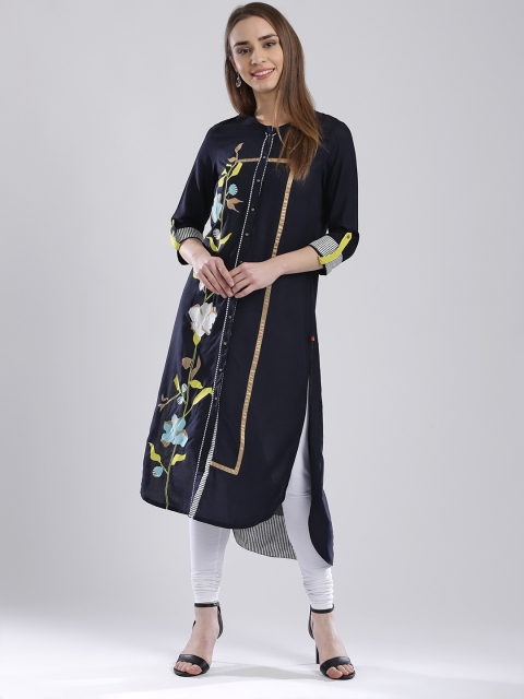 

W Women Navy Printed High-Low Kurta, Navy blue