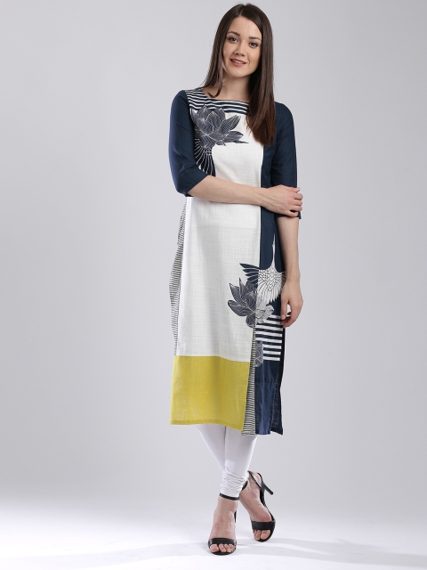 

W Women White & Navy Printed Colourblocked Kurta