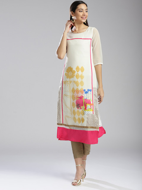 

W Women White & Pink Printed Straight Kurta