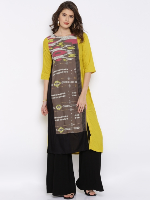 

W Women Mustard Yellow & Taupe Printed Straight Kurta