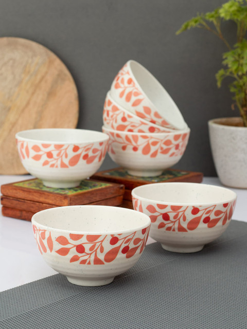 

LIVING ROOTS White & Orange Set Of 6 Pieces Floral Printed Melamine Glossy Bowls