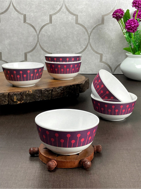 

LIVING ROOTS White & Mauve 6 Pieces Floral Printed Melamine Glossy Bowls
