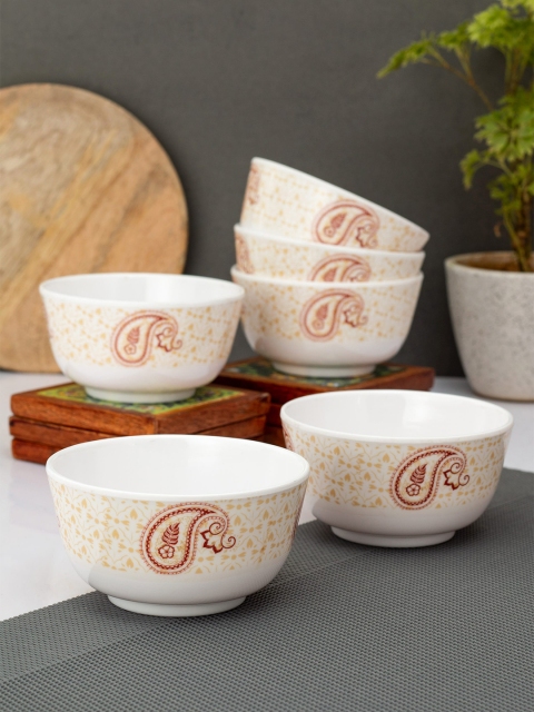 

LIVING ROOTS White & Brown 6 Pieces Floral Printed Melamine Glossy Bowls
