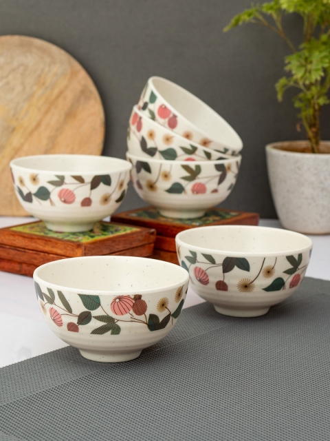 

LIVING ROOTS White & Pink 6 Pieces Floral Printed Melamine Glossy Bowls