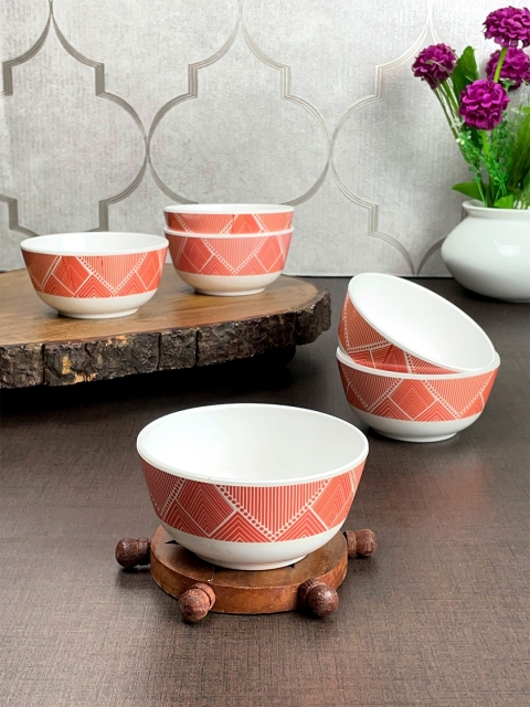 

LIVING ROOTS White & Orange 6 Pieces Floral Printed Melamine Glossy Bowls
