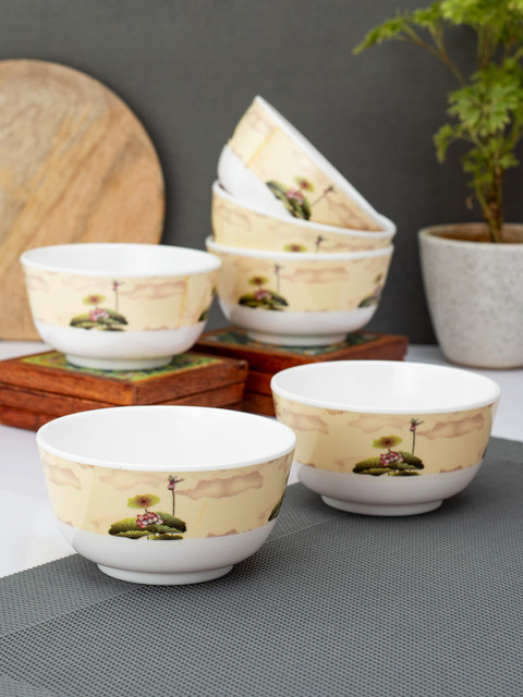 

LIVING ROOTS White & Tan 6 Pieces Floral Printed Melamine Glossy Bowls