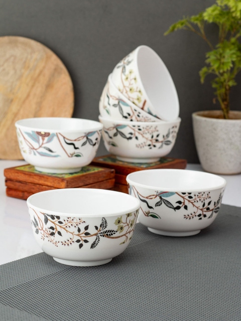 

LIVING ROOTS White & Turquoise Blue 6 Pieces Floral Printed Melamine Glossy Bowls