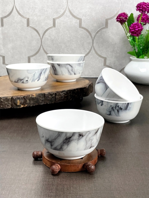 

LIVING ROOTS White & Black 6 Pieces Floral Printed Melamine Glossy Bowls