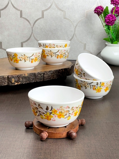 

LIVING ROOTS Cream-Coloured & Yellow 6 Pieces Floral Printed Melamine Glossy Bowls