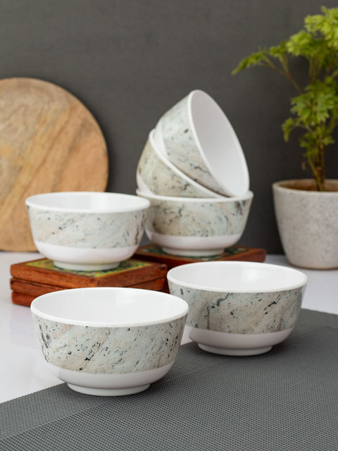 

LIVING ROOTS Set Of 6 Pieces Cream-Coloured Printed Melamine Glossy Bowls