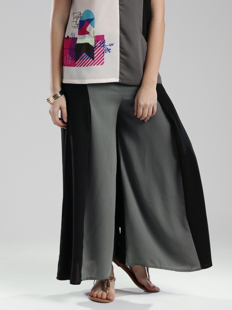 

W Women Black & Grey Colourblocked Palazzo Trousers