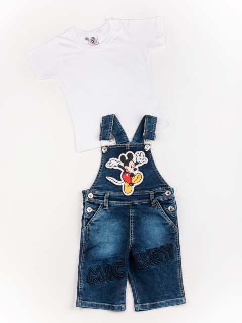 

BFF Boys White & Blue Mickey Mouse Printed Denim Dungaree with T-shirt