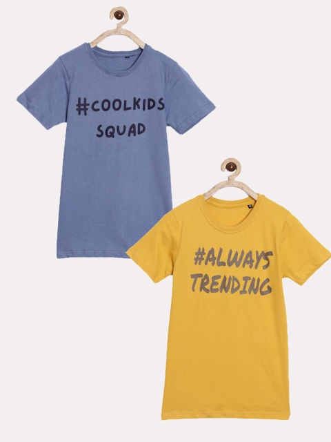 

SayItLoud Boys Pack of 2 Blue & Yellow Typography Printed Pure Cotton T-shirts