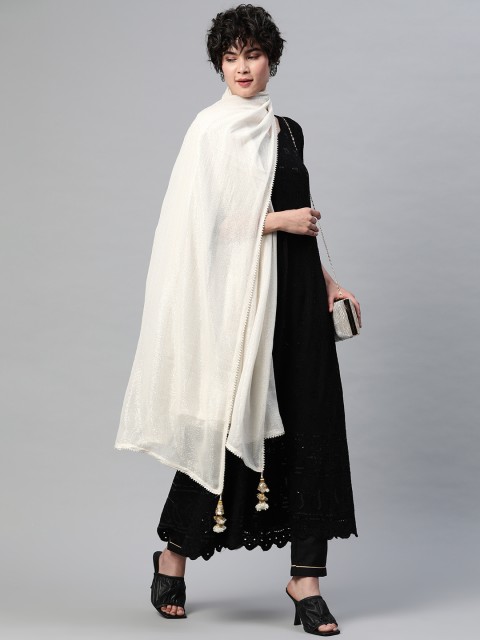 

Silai Bunai Women Off White & Gold-Toned Lurex Striped Pure Silk Dupatta with Gotta Patti