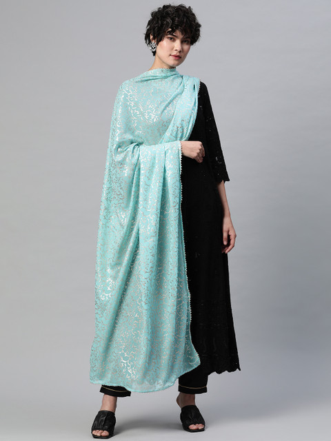 

Silai Bunai Women Blue & Silver-Toned Quirky Pure Silk Foil Print Dupatta with Gotta Patti