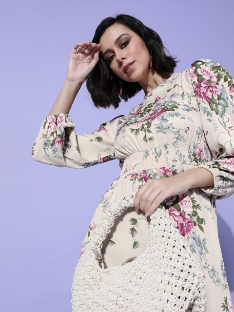 

Berrylush Women Classy Beige Floral Cinched Waist Dress