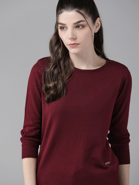 

The Roadster Lifestyle Co Women Burgundy Solid Long Sleeved Casual Pullover