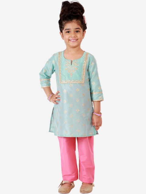 

Lil Peacock Girls Blue Ethnic Motifs Embroidered Kurta with Trousers