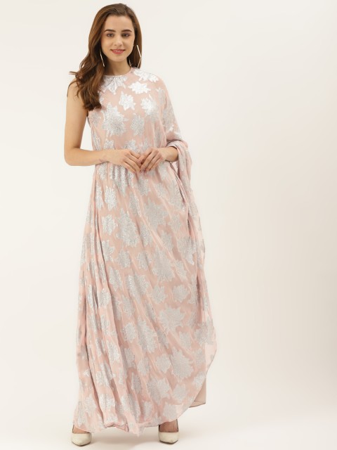 

KHUMAAR Shuchi Bhutani Peach-Coloured Floral Crepe Maxi Dress