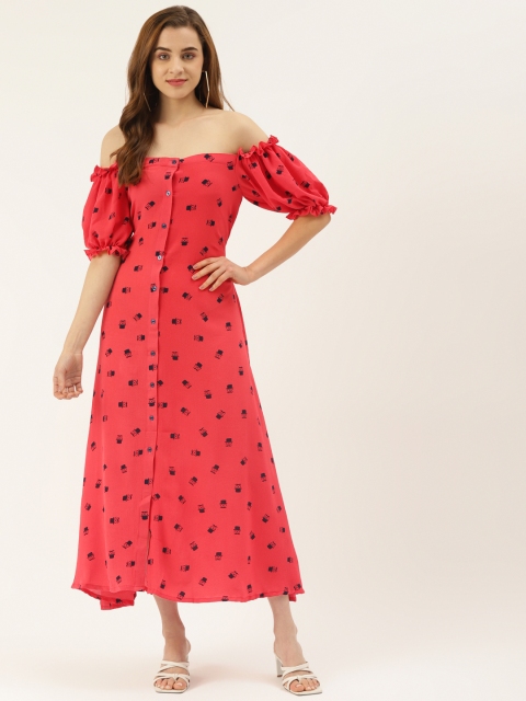 

KHUMAAR Shuchi Bhutani Red Off-Shoulder Crepe A-Line Maxi Dress