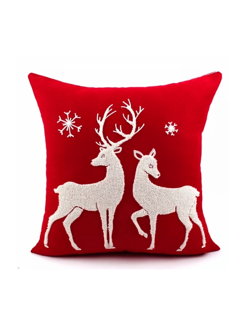 

STYBUZZ Red & White Embroidered Merry Christmas Reindeers Pre-Filled Cushion