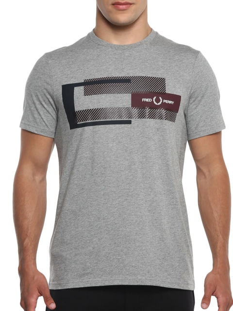 Fred Perry Men Grey Typography Printed V-Neck Applique T-shirt