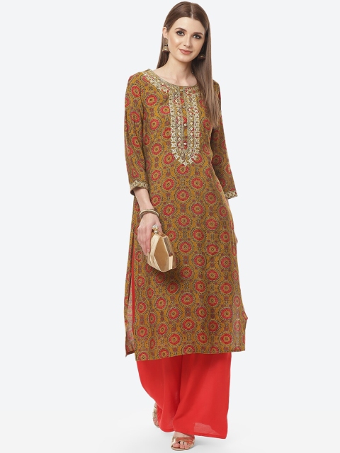 

Meena Bazaar Women Mustard Yellow & Red Floral Printed Kurta