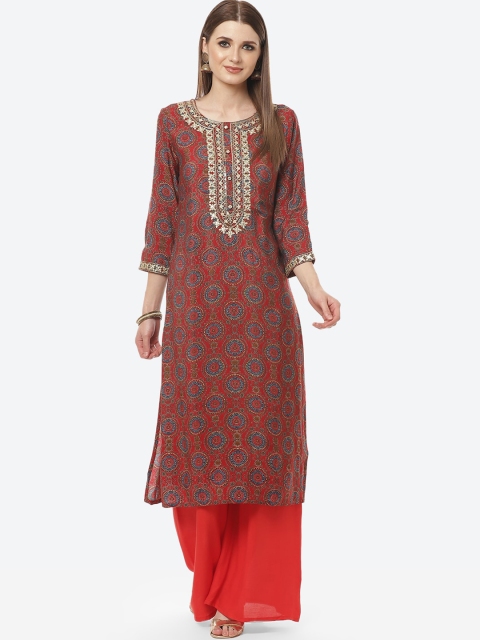 

Meena Bazaar Women Maroon Ethnic Motifs Printed Mirror Work Kurta