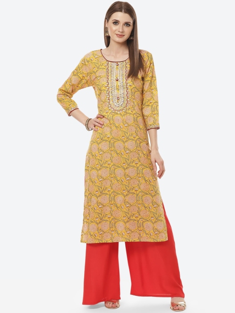 

Meena Bazaar Women Yellow Floral Printed Mirror Work Kurta