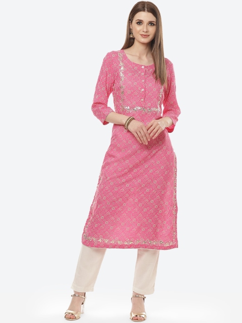 

Meena Bazaar Women Fuchsia Embroidered Keyhole Neck Kurta