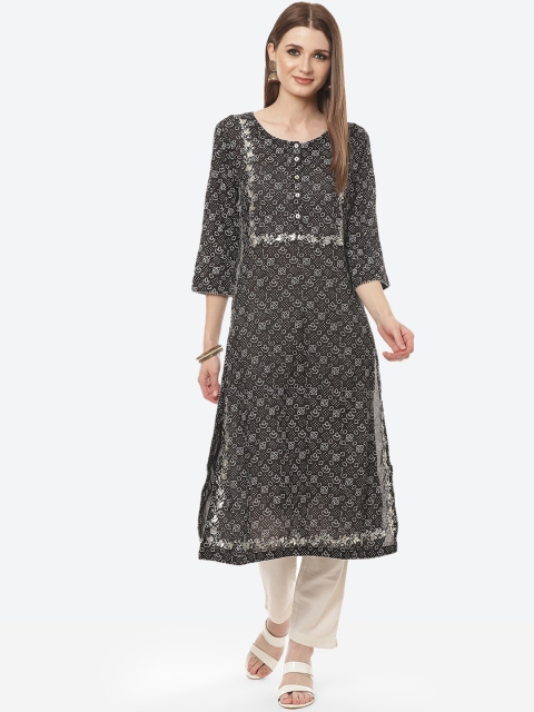 

Meena Bazaar Women Black Geometric Printed Kurta