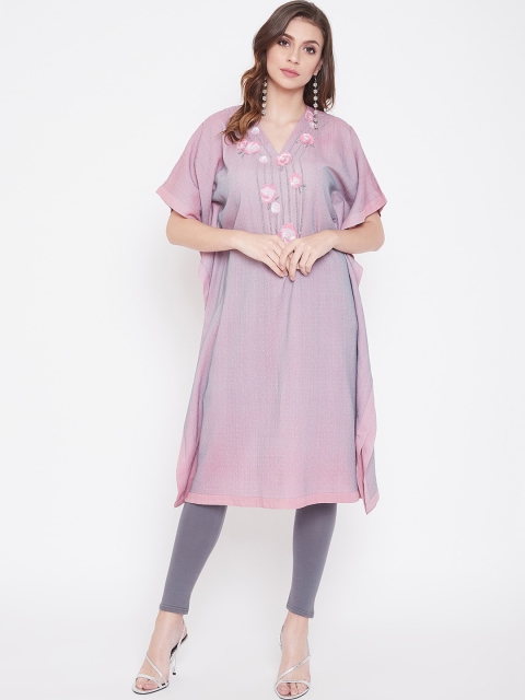 

The Kaftan Company Women Pink & Grey Floral Yoke Design Flared Sleeves Thread Work Grandeur & Majestic Kurta