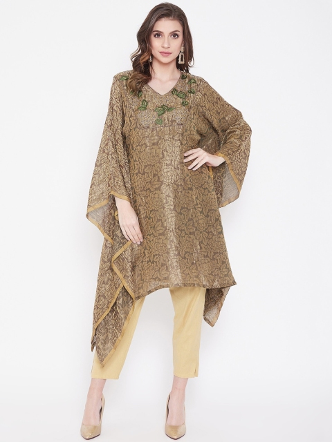 

The Kaftan Company Women Green Floral Flared Sleeves Thread Work Grandeur & Majestic Artwork Jacquard Kaftan Kurta