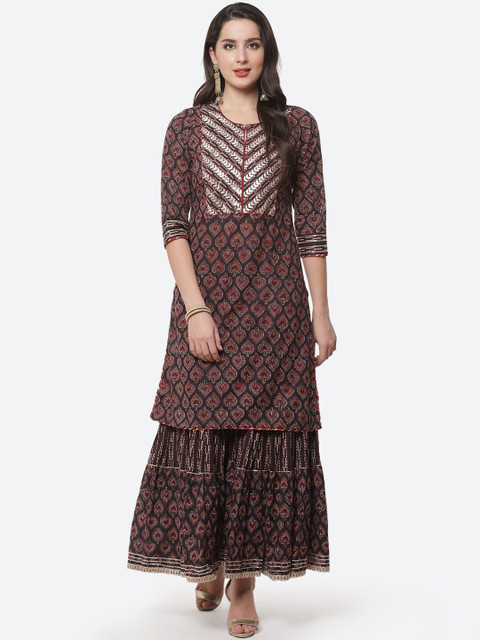 

Meena Bazaar Women Brown Ethnic Motifs Printed Pure Cotton Kurti with Skirt