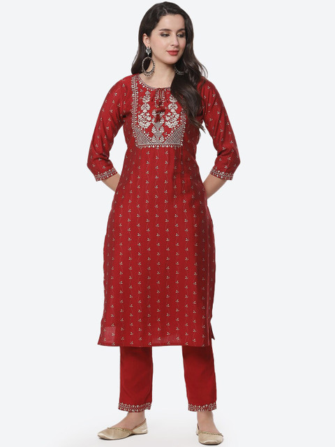 

Meena Bazaar Women Maroon Embroidered Pure Cotton Kurta with Trousers