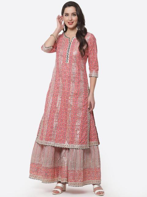 

Meena Bazaar Women Peach-Coloured Ethnic Motifs Printed Gotta Patti Pure Cotton Kurta with Sharara
